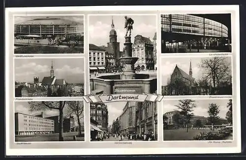 AK Dortmund, Ortspartien mit Westfalenhalle, Westenhellweg und Hansa-Pavillon