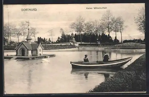 AK Dortmund, Kaiser Wilhelm-Hain mit Ruderboot und Entenhaus