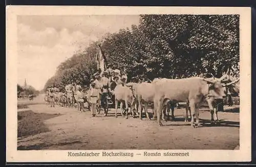 AK Rumänischer Hochzeitstag, Bauern in Trachten auf Ochsenwagen und Pferden