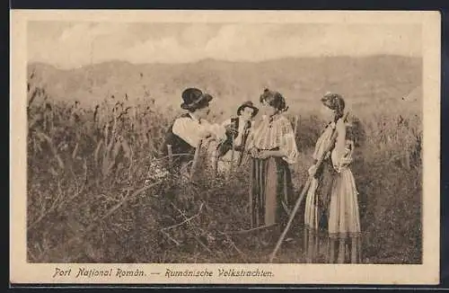 AK Rumänische Bauern in Trachten auf dem Feld