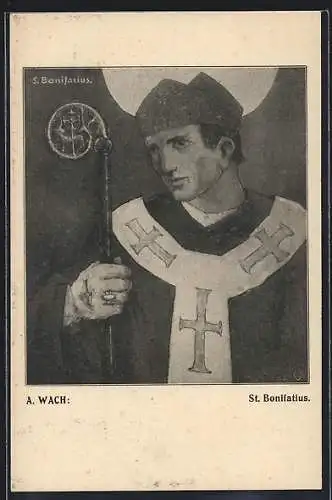 Künstler-AK sign. A. Wach: St. Bonifacius mit Krummstab