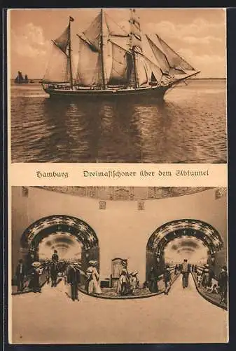 AK Hamburg-St. Pauli, Elbtunnel, Dreimastschoner über dem Elbtunnel