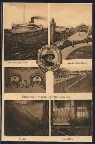 AK Hamburg-St. Pauli, Elbtunnel, Dampfer auf der Elbe, Landungsbrücken, Steinwärder, Fahrstühle