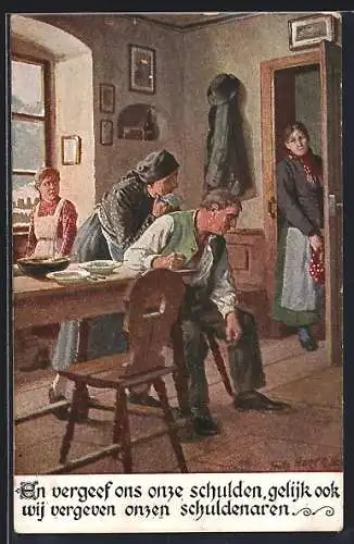 Künstler-AK Bedrückte Familie am Esstisch, Vater unser