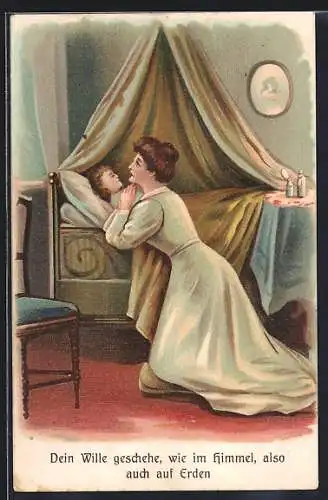 AK Betende Frau am Bett ihres Kindes