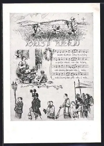 Künstler-AK Liedtext und Noten Bozí telo, Bauern, Soldaten und Priester