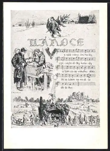 Künstler-AK Liedtext und Noten Hornické vánoce, Soldat mit Weihnachtsbaum im Schnee