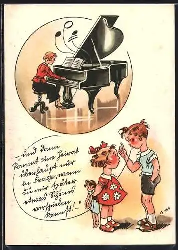 Künstler-AK Junge will Mädchen nur heiraten, wenn sie für ihn Klavier spielt