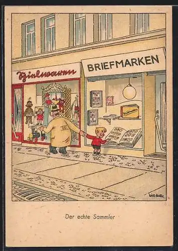 Künstler-AK Will Halle: Der echte Sammler, Briefmarkensammler