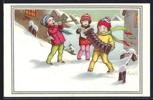Künstler-AK Castelli: Kinder musizieren im Schnee