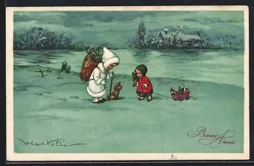 Künstler-AK Castelli: Kinder im Schnee mit Hündchen