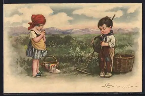 Künstler-AK E. Colombo: Betende Kinder auf einem Feld