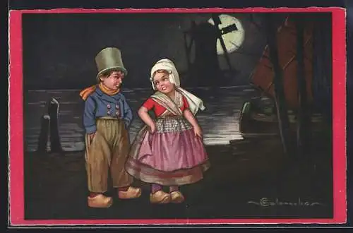 Künstler-AK E. Colombo: Holländische Kinder im Mondschein