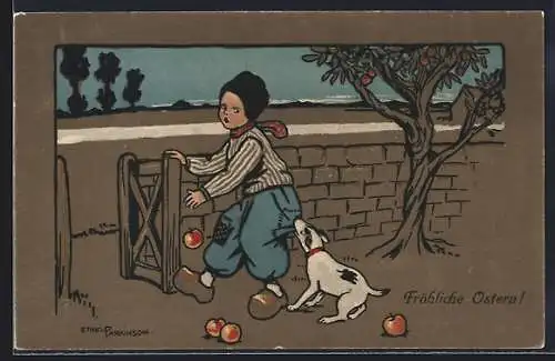 Künstler-AK Ethel Parkinson: Kleiner Apfeldieb wird von Hund festgehalten