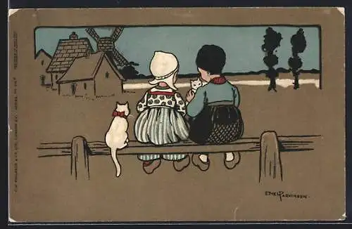 Künstler-AK Ethel Parkinson: Kinder in holländischer Tracht mit Katzen