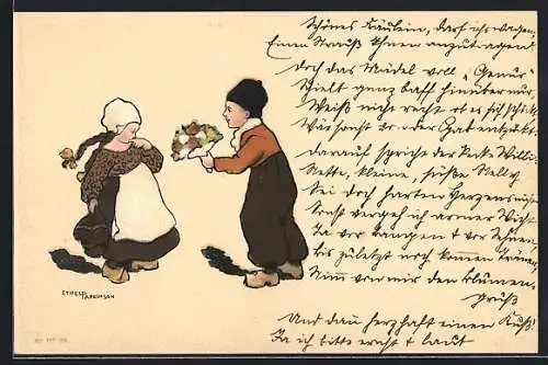 Künstler-AK Ethel Parkinson: Holländischer Knabe überreicht Blumen