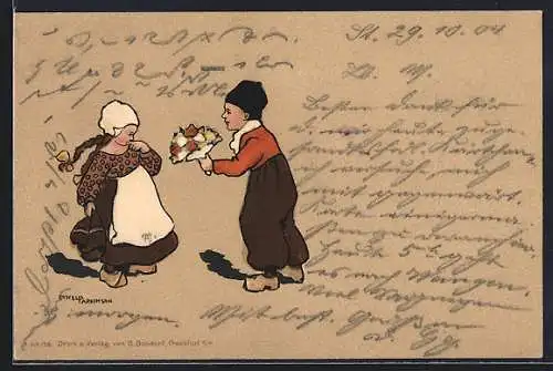 Künstler-AK Ethel Parkinson: Holländischer Junge überreicht Blumen