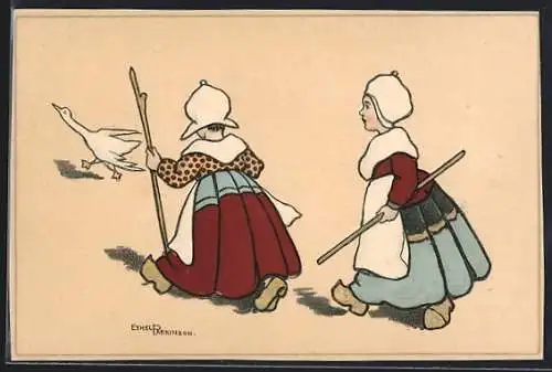 Künstler-AK Ethel Parkinson: Frauen in holländischer Tracht bei der Gänsejagd