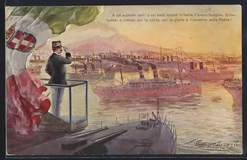 Künstler-AK G. Guerzoni: Italienischer Offizier blickt von der Brücke eines Kriegsschiffes