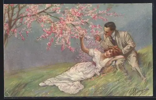 Künstler-AK G. Guerzoni: Verliebtes Paar unter Kirschblüten