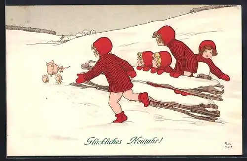 Künstler-AK Pauli Ebner: Mädchen jagen Glücksschweine