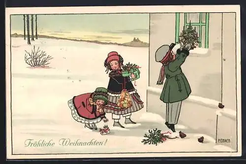 Künstler-AK Pauli Ebner: Kinder schmücken einen kleinen Weihnachtsbaum
