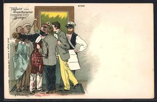 Künstler-Lithographie Erich Kleinhempel: Testant und unpartheiischer constatieren einen Blutigen, Student nach Mensur