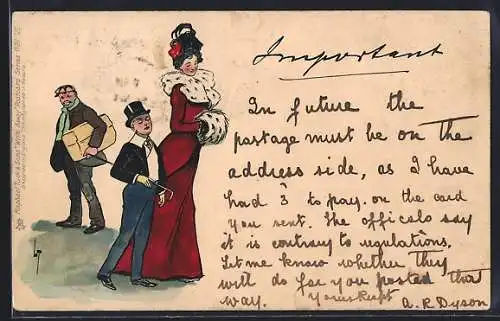 Künstler-AK L. Thackeray: Elegante Dame im Pelz mit kleinem Mann