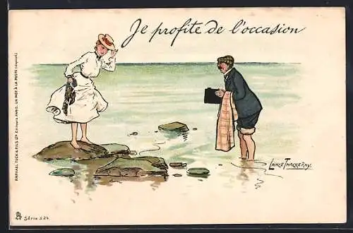 Künstler-AK L. Thackeray: Junge Dame barfuss auf Steinen am Meer