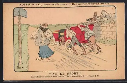 Künstler-AK sign. Thor: Männer schieben ein Auto