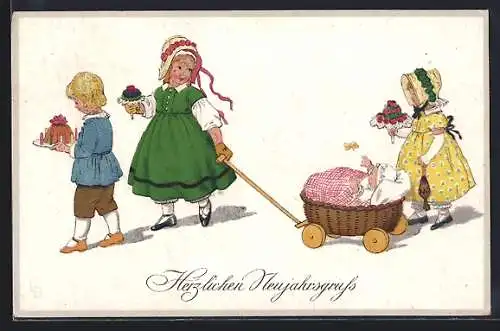 Künstler-AK Lia Döring: Kinder kommen mit Bollerwagen u. Geschenken zum Geburtstag