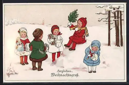 Künstler-AK Lia Döring: Frohes Weihnachtsfest, Kinder spielen im Schnee