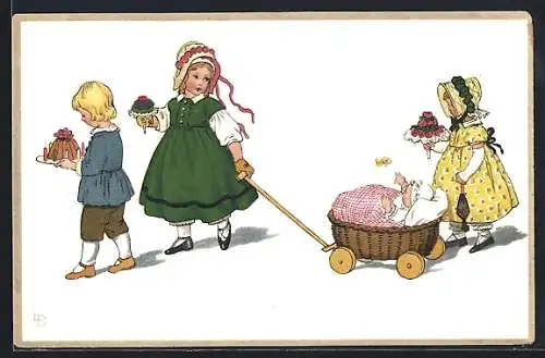 Künstler-AK Lia Döring: Kinder kommen mit Bollerwagen u. Geschenken zum Geburtstag