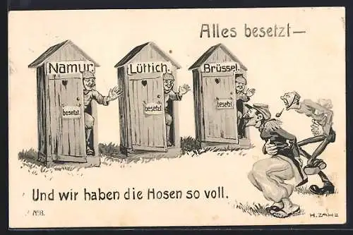 Künstler-AK H. Zahl: Toiletten mit Ortsnamen sind besetzt, Propaganda 1. Weltkrieg
