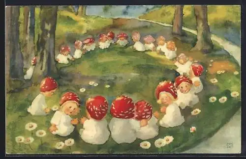 Künstler-AK Milli Weber: Kleine Kinder mit Fliegenpilzhüten sitzen im Kreis