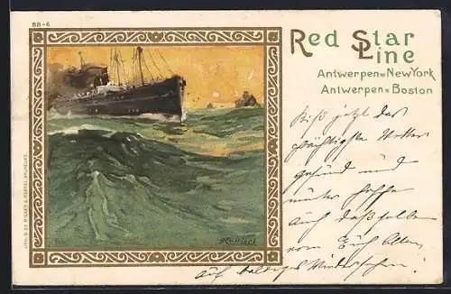 Künstler-AK Henri Cassiers: Dampfer der Red Star Line auf stürmischer See