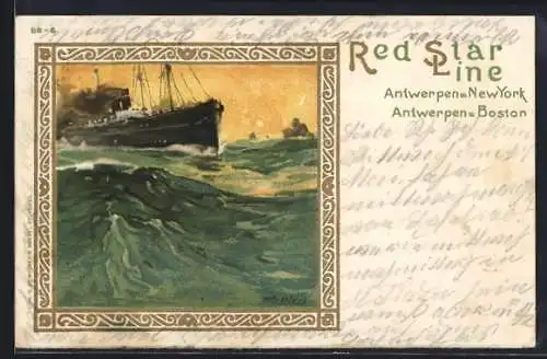 Künstler-AK Henri Cassiers: Dampfer der Red Star Line auf stürmischer See
