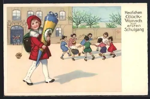 AK ABC-Schützin beim ersten Schulgang