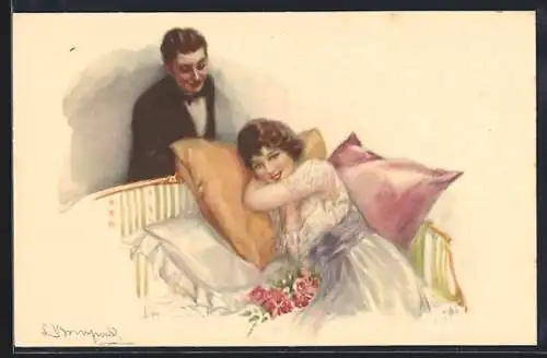 Künstler-AK Sergio Bompard: Junge Frau mit Blumen auf einem Sofa