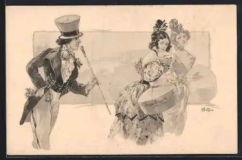 Künstler-AK E. Bottaro: Herr mit Zylinder und zwei elegante Damen