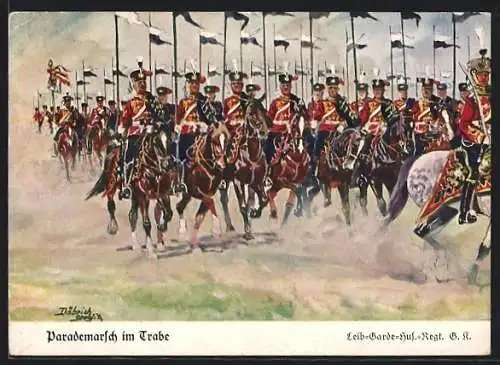 Künstler-AK Döbrich-Steglitz: Parademarsch im Trabe des Leib-Garde-Husarenregiments