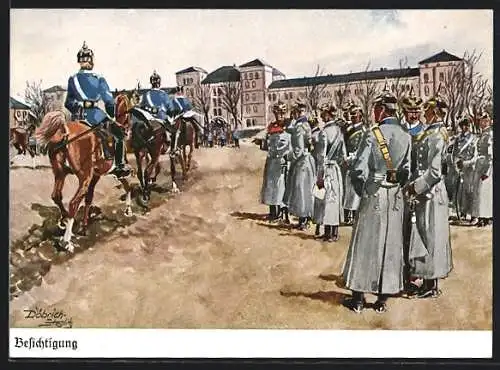 Künstler-AK Döbrich-Steglitz: Besichtigung, Dragoner