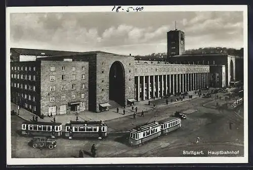 AK Stuttgart, Hauptbahnhof mit Strassenbahnen
