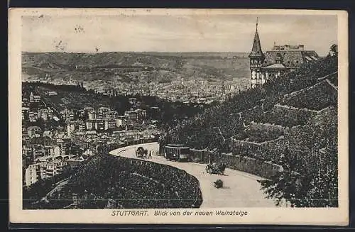 AK Stuttgart, Blick von der neuen Weinsteige mit Pferdekutschen und Strassenbahn