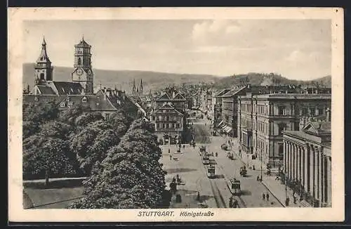 AK Stuttgart, Königstrasse aus der Vogelschau mit Strassenbahn und Passanten