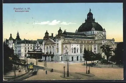 AK Frankfurt a. M., Schauspielhaus mit Vorplatz und Strassenbahn
