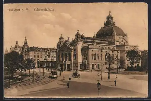 AK Frankfurt a. M., Schauspielhaus mit Vorplatz und Strassenbahn