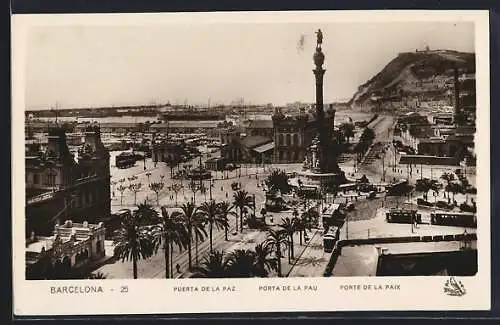 AK Barcelona, Puerta de la Paz, Porta de la Pau, Porta de la Paix, Strassenbahn