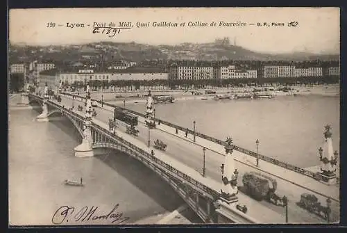 AK Lyon, Pont du Midi, Quai Gailleton et Colline de Fourvière, Strassenbahn