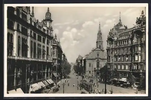 AK Budapest, Apponyi Platz mit Blick in die Kossuth Lajos Strasse, Strassenbahn
